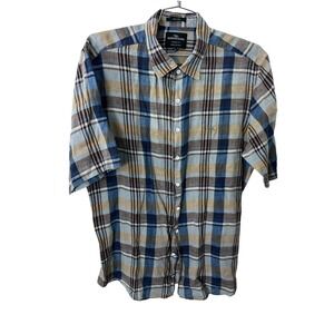 Rodd & Gunn Plaid 100% Linen Button Up Shirt XL Blue Brown Short‎ Sleeve Collar